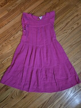 J. Crew Girls' Hot Pink Tiered Cotton Dress with Ruffle Sleeves Size O